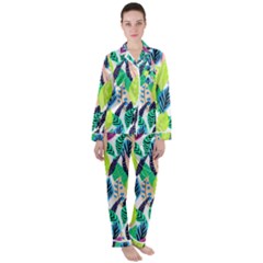 Leaves Drawing Pattern Nature Satin Long Sleeve Pyjamas Set