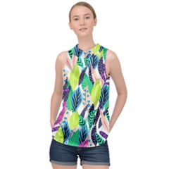 Leaves Drawing Pattern Nature High Neck Satin Top