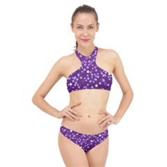 Textile Cross Pattern Square High Neck Bikini Set