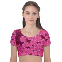 Cherry Blossoms Floral Design Velvet Short Sleeve Crop Top 