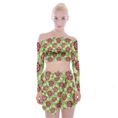 Seamless Pattern Leaf The Pentagon Off Shoulder Top With Mini Skirt Set by Pakrebo