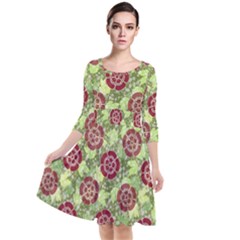 Seamless Pattern Leaf The Pentagon Quarter Sleeve Waist Band Dress