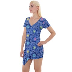 Floral Design Asia Seamless Pattern Short Sleeve Asymmetric Mini Dress