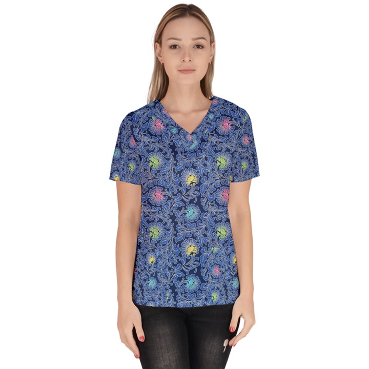 Floral Design Asia Seamless Pattern Women s V-Neck Scrub Top