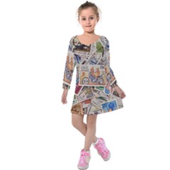 Wallpaper Background Stamps Kids  Long Sleeve Velvet Dress