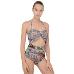 Wallpaper Background Stamps Scallop Top Cut Out Swimsuit