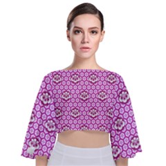 Paulownia Flowers Japanese Style Tie Back Butterfly Sleeve Chiffon Top