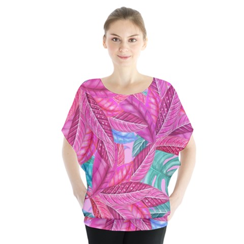 Leaves Tropical Reason Stamping Batwing Chiffon Blouse by Pakrebo