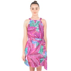 Leaves Tropical Reason Stamping Halter Collar Waist Tie Chiffon Dress by Pakrebo