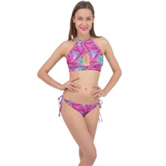 Leaves Tropical Reason Stamping Cross Front Halter Bikini Set by Pakrebo