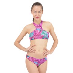 Leaves Tropical Reason Stamping High Neck Bikini Set