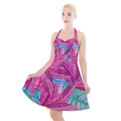 Leaves Tropical Reason Stamping Halter Party Swing Dress 