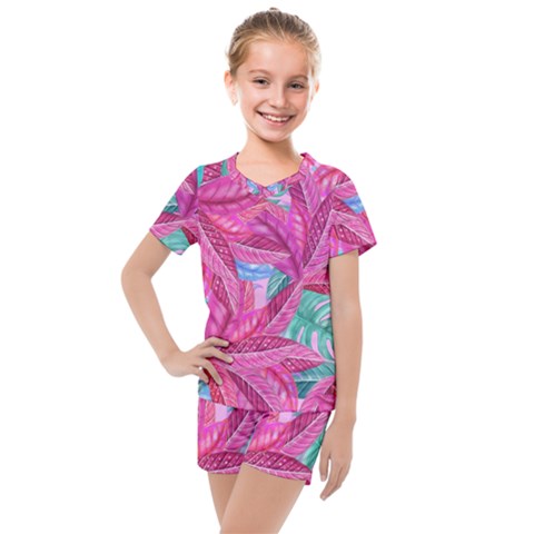 Leaves Tropical Reason Stamping Kids  Mesh Tee And Shorts Set by Pakrebo