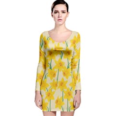 Yellow Daffodils Pattern Long Sleeve Velvet Bodycon Dress by Valentinaart