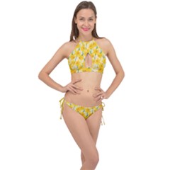 Yellow Daffodils Pattern Cross Front Halter Bikini Set by Valentinaart