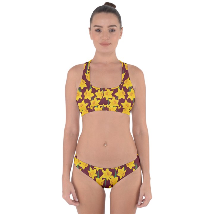 Yellow Daffodils Pattern Cross Back Hipster Bikini Set