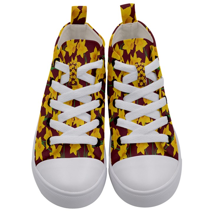 Yellow Daffodils Pattern Kids  Mid-Top Canvas Sneakers