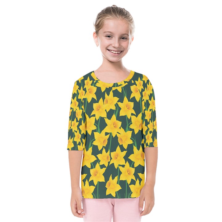 Yellow Daffodils Pattern Kids  Quarter Sleeve Raglan Tee