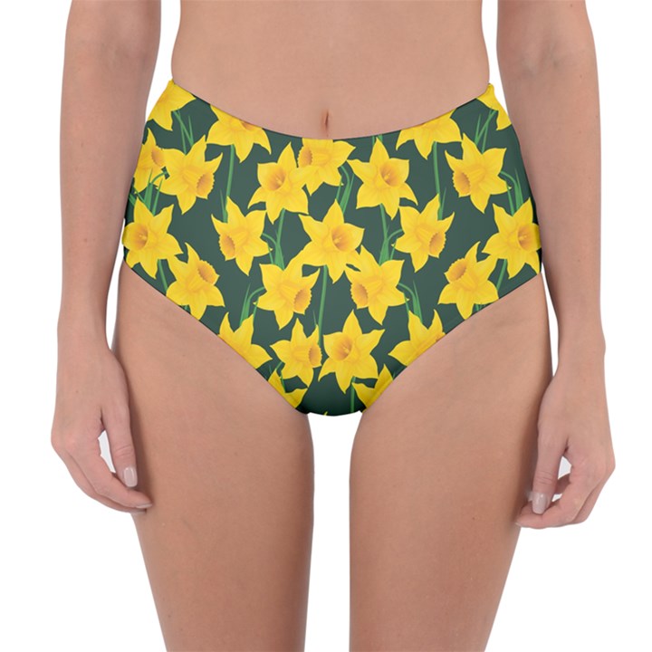 Yellow Daffodils Pattern Reversible High-Waist Bikini Bottoms