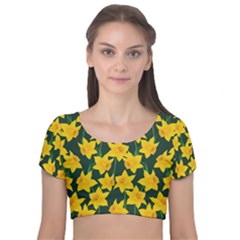 Yellow Daffodils Pattern Velvet Short Sleeve Crop Top  by Valentinaart