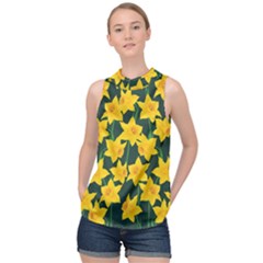 Yellow Daffodils Pattern High Neck Satin Top by Valentinaart