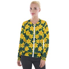 Yellow Daffodils Pattern Velour Zip Up Jacket