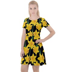 Yellow Daffodils Pattern Cap Sleeve Velour Dress 