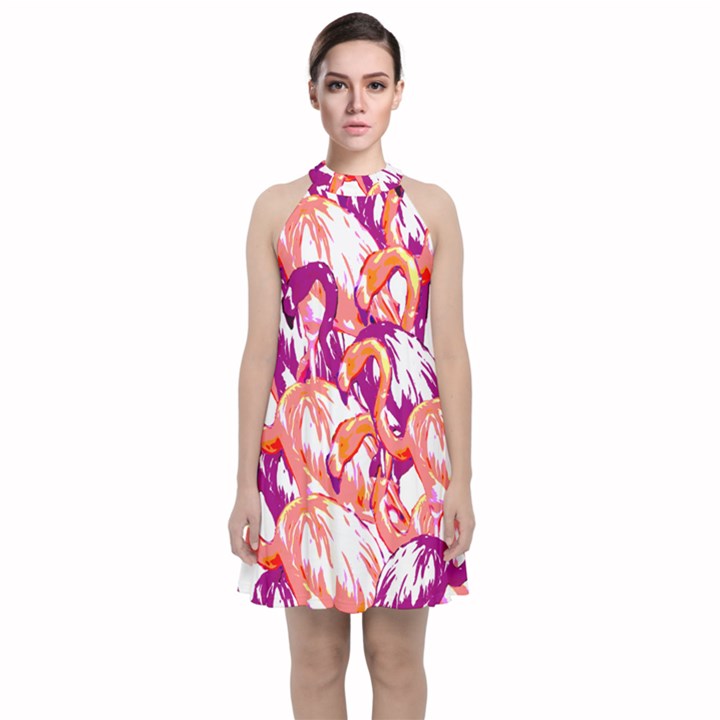 Flamingos Velvet Halter Neckline Dress 