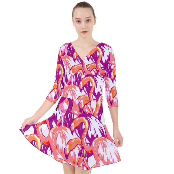 Flamingos Quarter Sleeve Front Wrap Dress