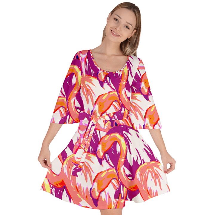 Flamingos Velour Kimono Dress