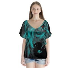 Angry Male Lion Predator Carnivore V-neck Flutter Sleeve Top by Sudhe