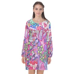 Trippy Forest Full Version Long Sleeve Chiffon Shift Dress  by okhismakingart