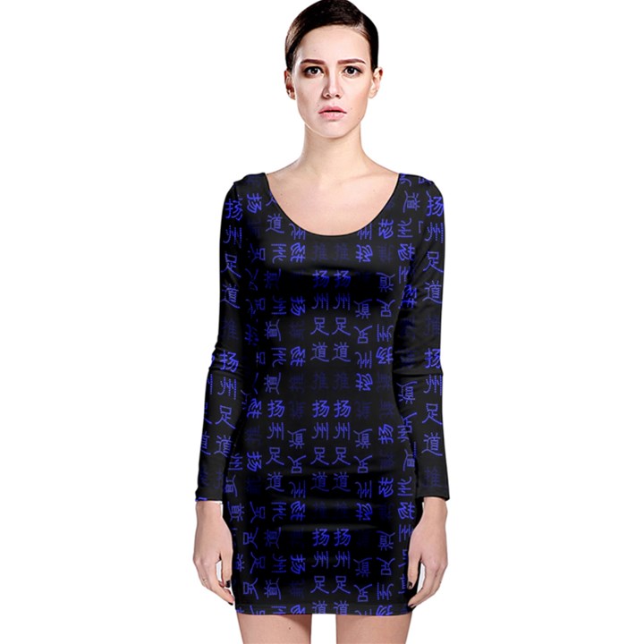 Neon Oriental Characters Print Pattern Long Sleeve Bodycon Dress