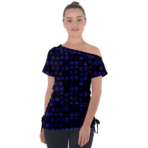 Neon Oriental Characters Print Pattern Tie-up Tee by dflcprintsclothing