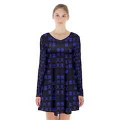 Neon Oriental Characters Print Pattern Long Sleeve Velvet V-neck Dress