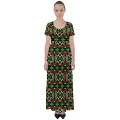 Pattern Red Green Yellow Black High Waist Short Sleeve Maxi Dress by Pakrebo