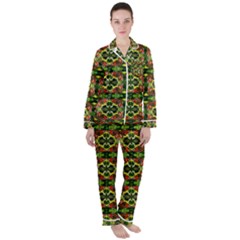 Pattern Red Green Yellow Black Satin Long Sleeve Pyjamas Set