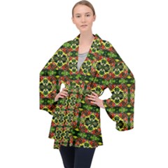 Pattern Red Green Yellow Black Velvet Kimono Robe by Pakrebo