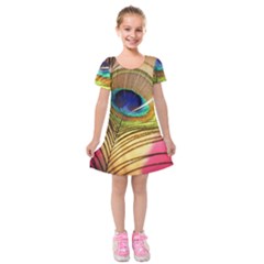 Peacock Feather Colorful Peacock Kids  Short Sleeve Velvet Dress by Pakrebo