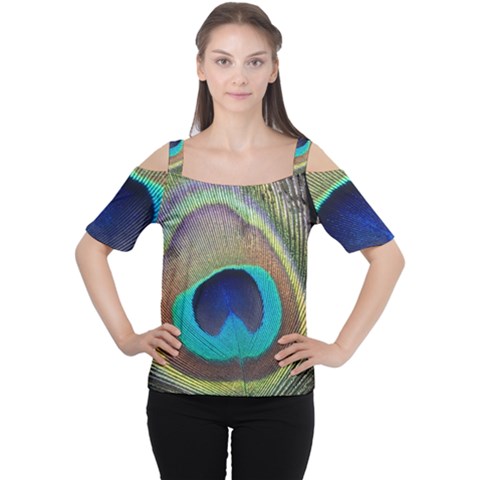 Peacock Feather Close Up Macro Cutout Shoulder Tee by Pakrebo