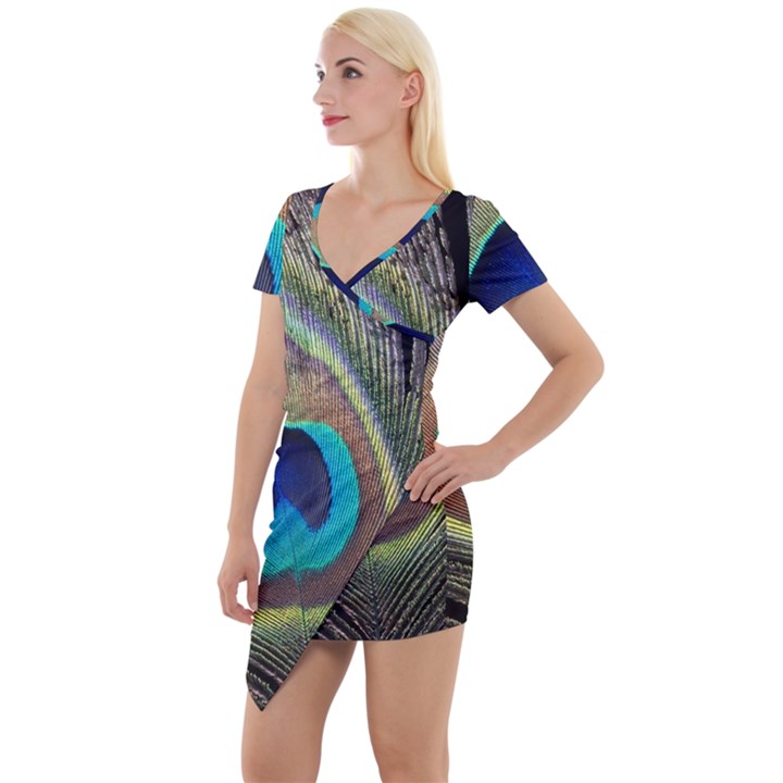 Peacock Feather Close Up Macro Short Sleeve Asymmetric Mini Dress