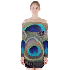 Peacock Feather Close Up Macro Long Sleeve Off Shoulder Dress