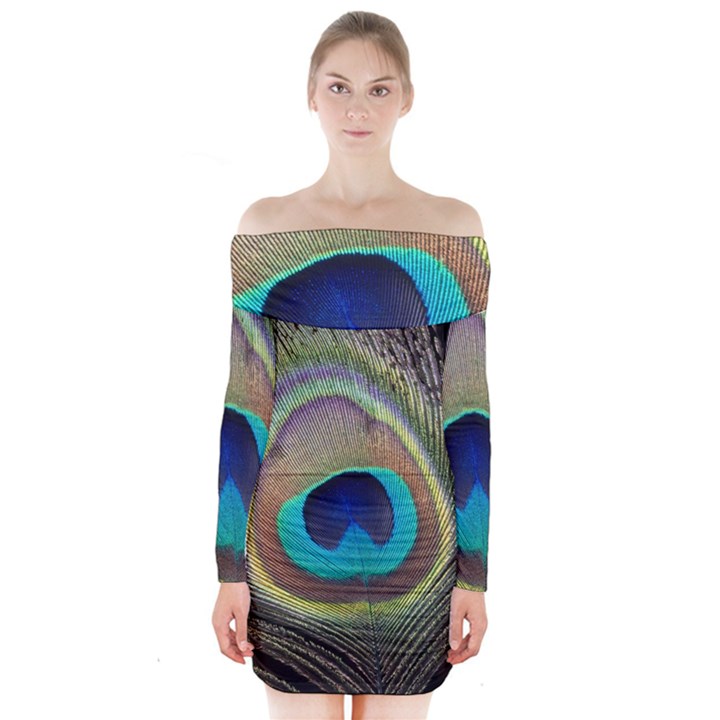 Peacock Feather Close Up Macro Long Sleeve Off Shoulder Dress