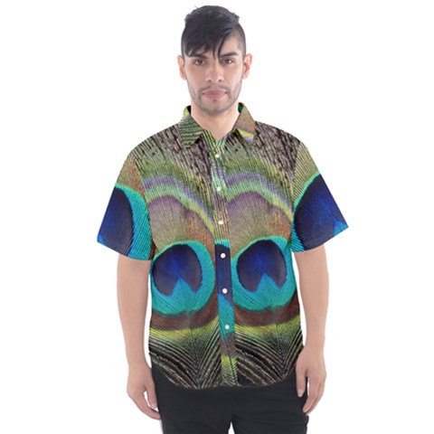 Peacock Feather Close Up Macro Men s Short Sleeve Shirt by Pakrebo