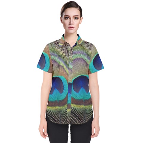 Peacock Feather Close Up Macro Women s Short Sleeve Shirt by Pakrebo