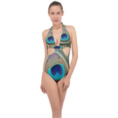 Peacock Feather Close Up Macro Halter Front Plunge Swimsuit