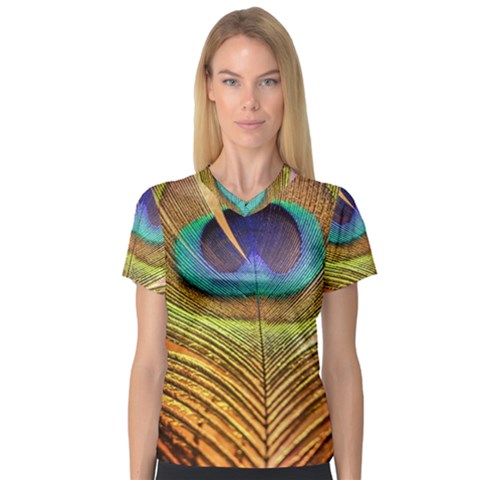 Peacock Feather Bird Colorful V-neck Sport Mesh Tee by Pakrebo