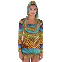 Peacock Feather Bird Colorful Long Sleeve Hooded T-shirt by Pakrebo