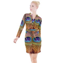 Peacock Feather Bird Colorful Button Long Sleeve Dress