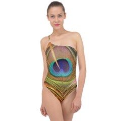 Peacock Feather Bird Colorful Classic One Shoulder Swimsuit by Pakrebo